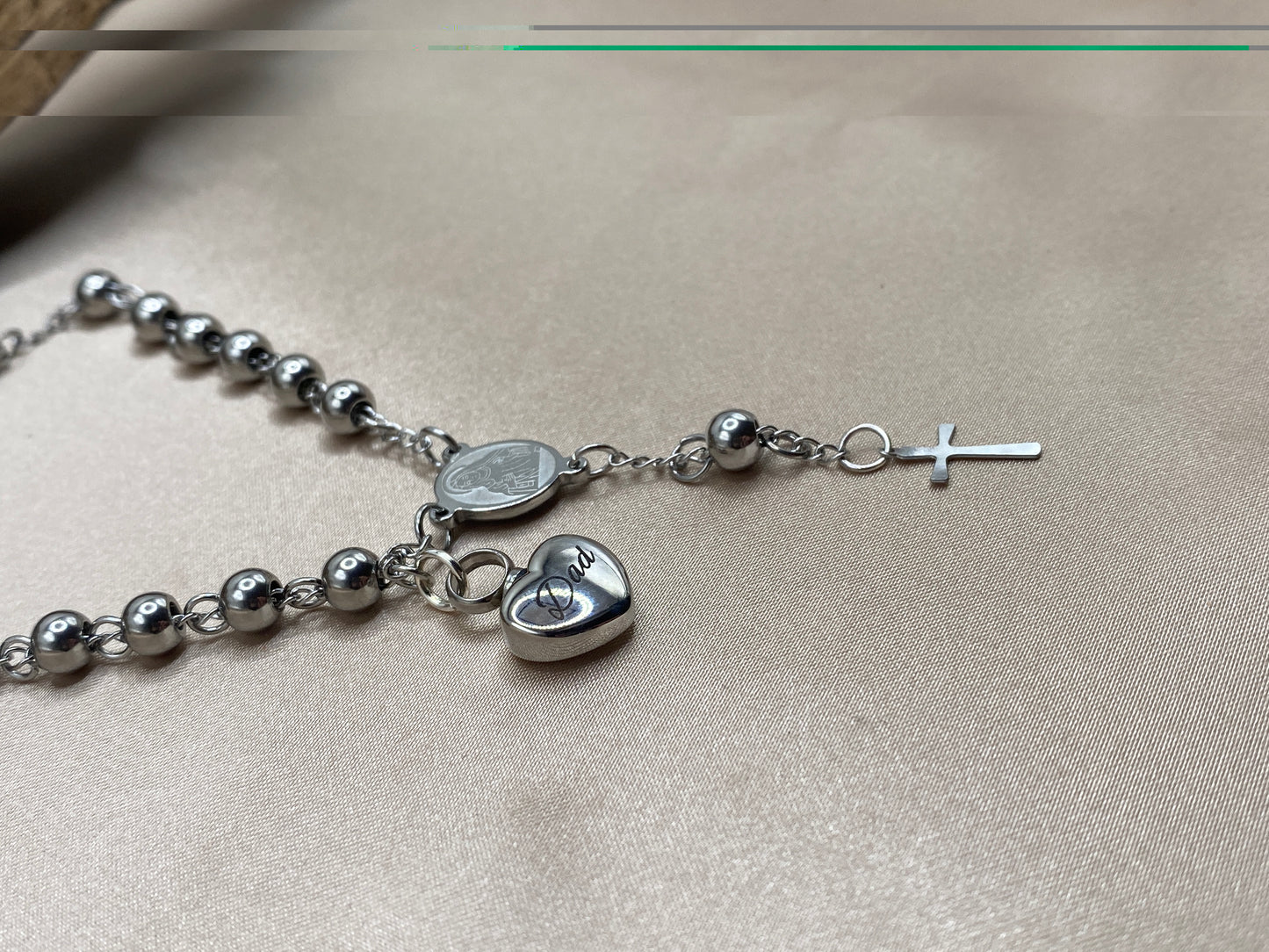 Rosary Bead Urn Bracelet with Heart-Shaped Urn Engraved with 'Dad' - Stainless Steel Urn Jewelry - Personalized Keepsake for Human Ashes
