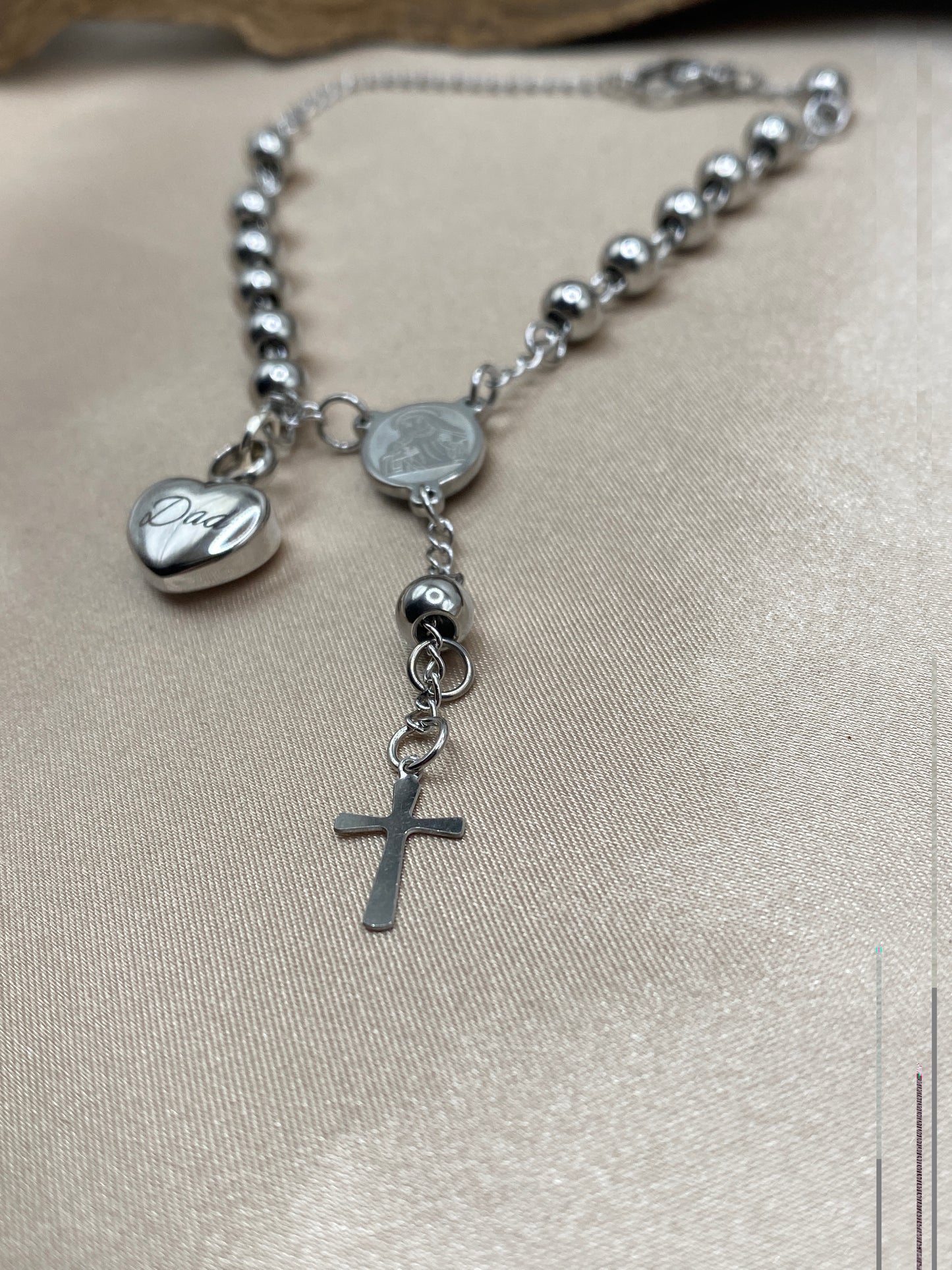 Rosary Bead Urn Bracelet with Heart-Shaped Urn Engraved with 'Dad' - Stainless Steel Urn Jewelry - Personalized Keepsake for Human Ashes