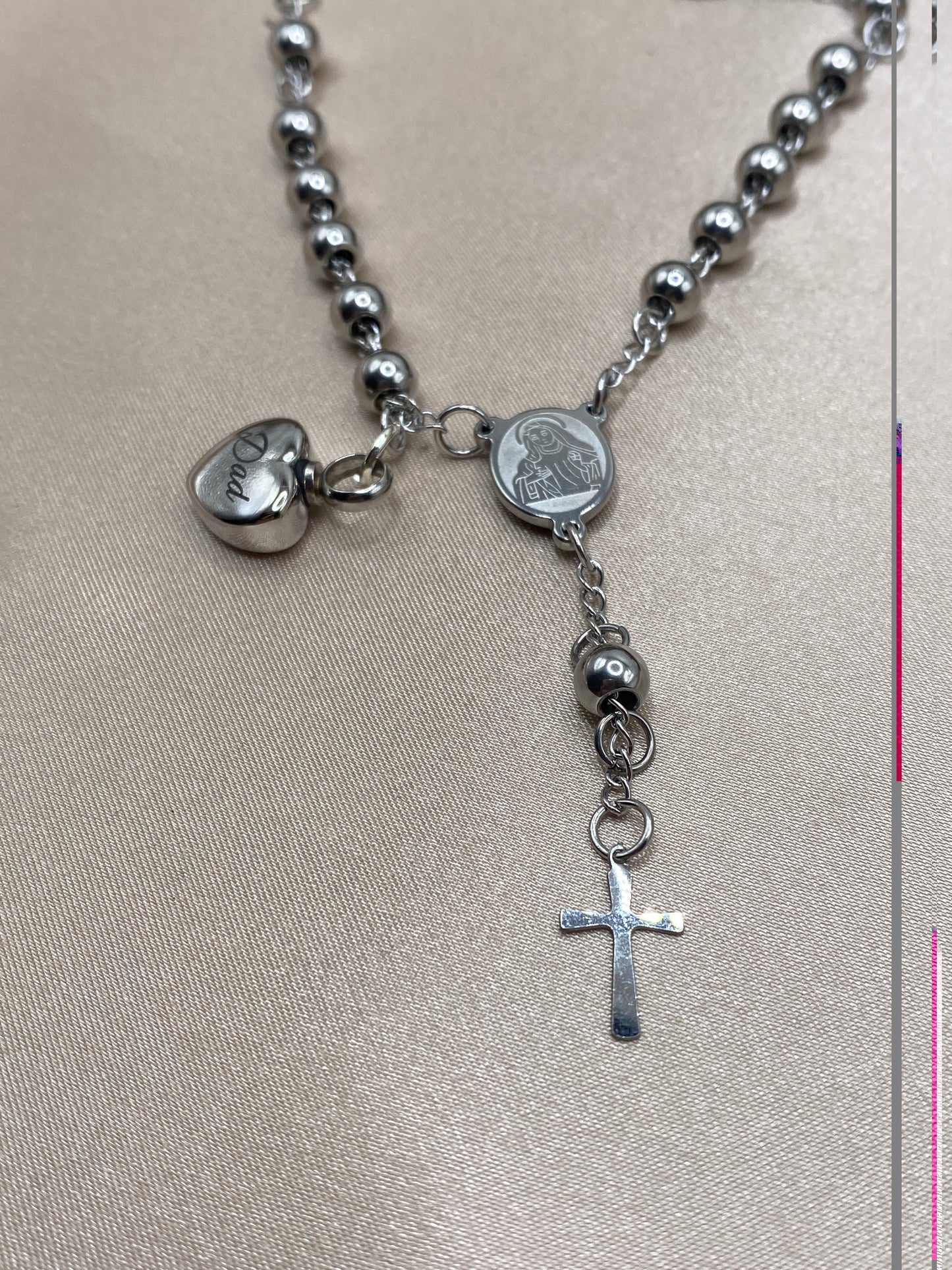 Rosary Bead Urn Bracelet with Heart-Shaped Urn Engraved with 'Dad' - Stainless Steel Urn Jewelry - Personalized Keepsake for Human Ashes