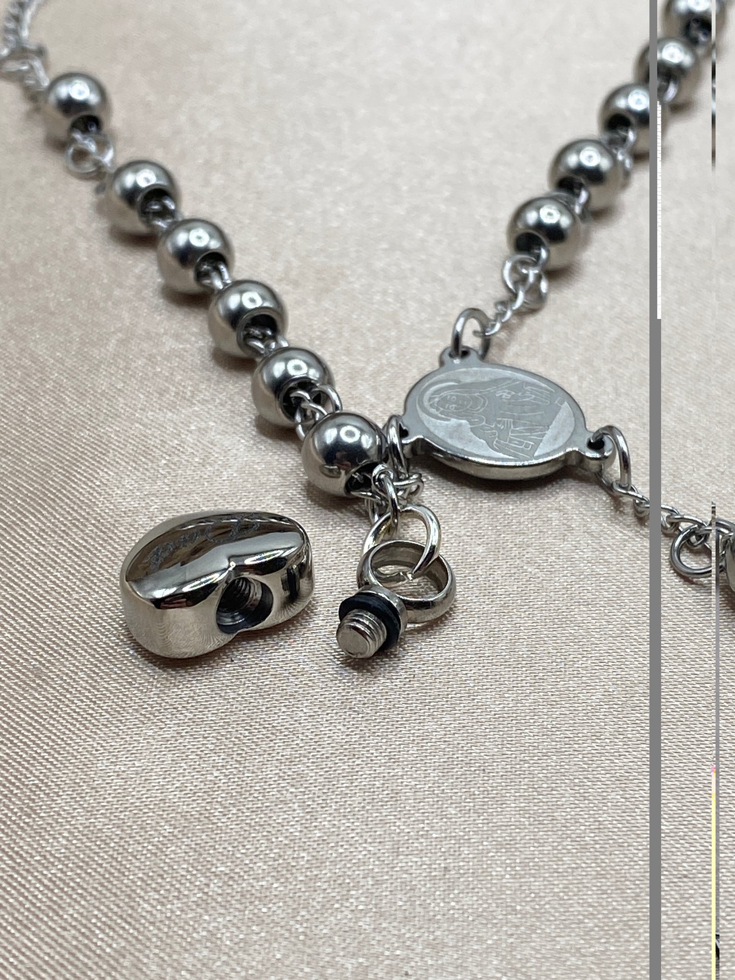 Rosary Bead Urn Bracelet with Heart-Shaped Urn Engraved with 'Dad' - Stainless Steel Urn Jewelry - Personalized Keepsake for Human Ashes