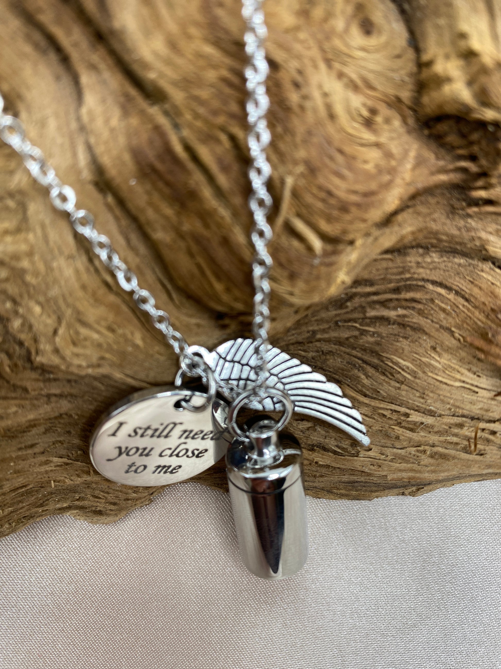 Stainless steel cylinder necklace with chain and charms for ashes