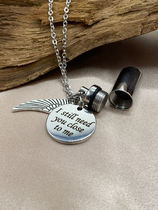 Cylinder cremation necklace with angel wing charm