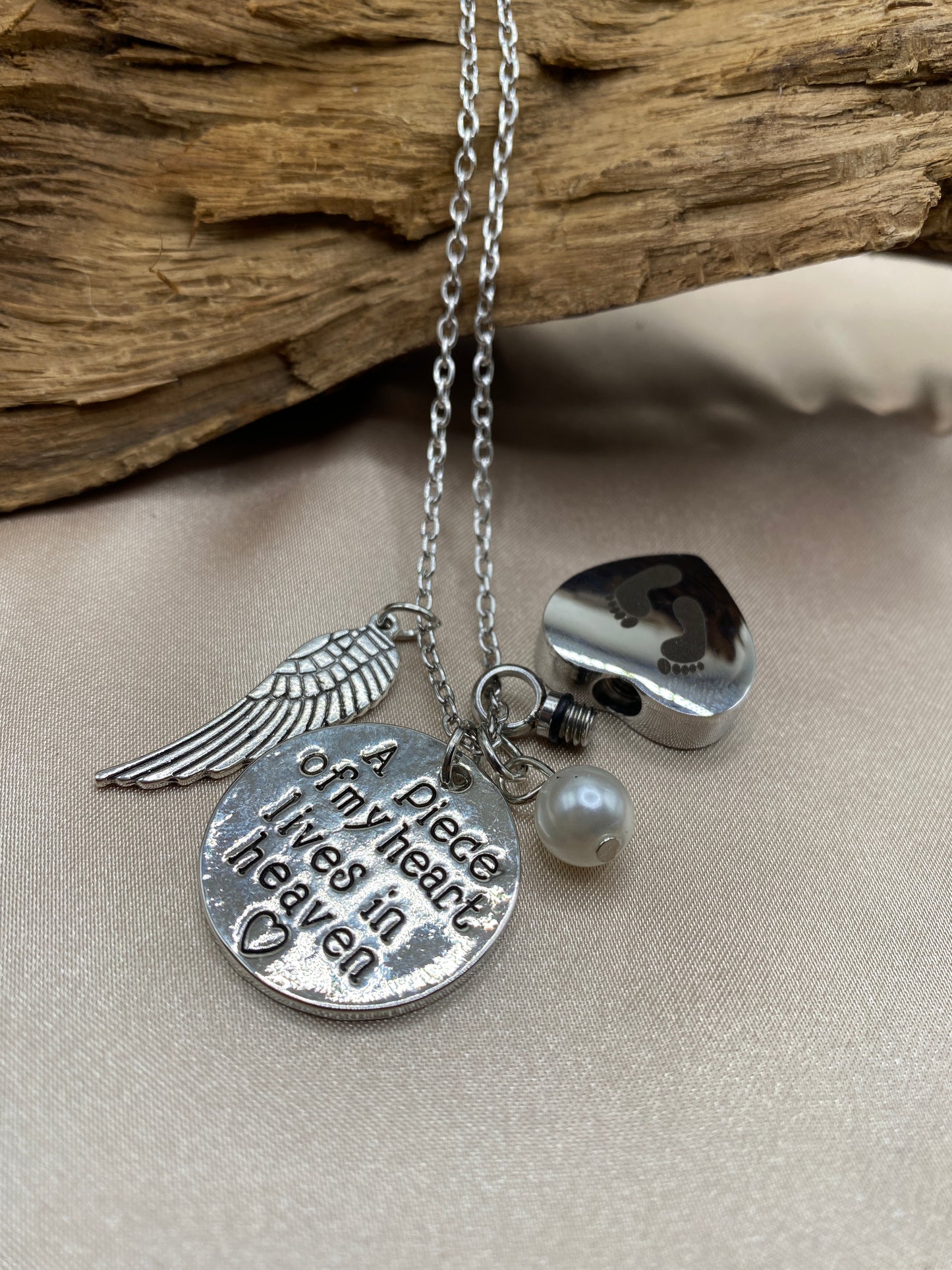 Heart Cremation Urn Necklace – Baby Feet, Angel Wing & 'Piece of My Heart' Charm