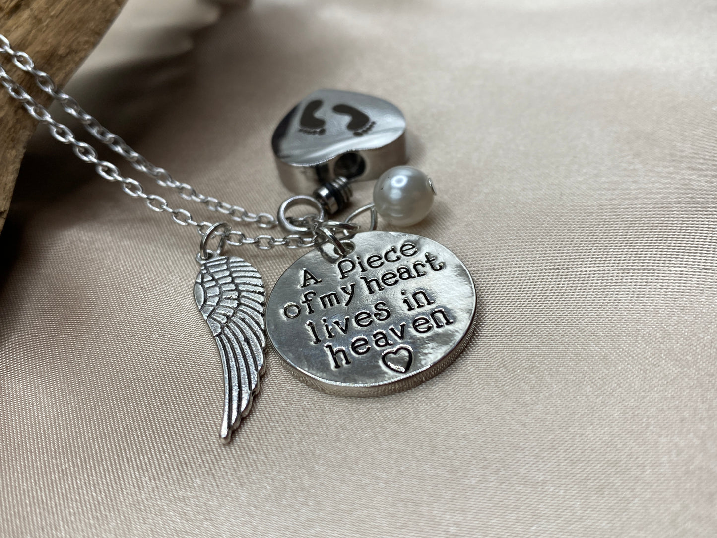 Heart Cremation Urn Necklace – Baby Feet, Angel Wing & 'Piece of My Heart' Charm
