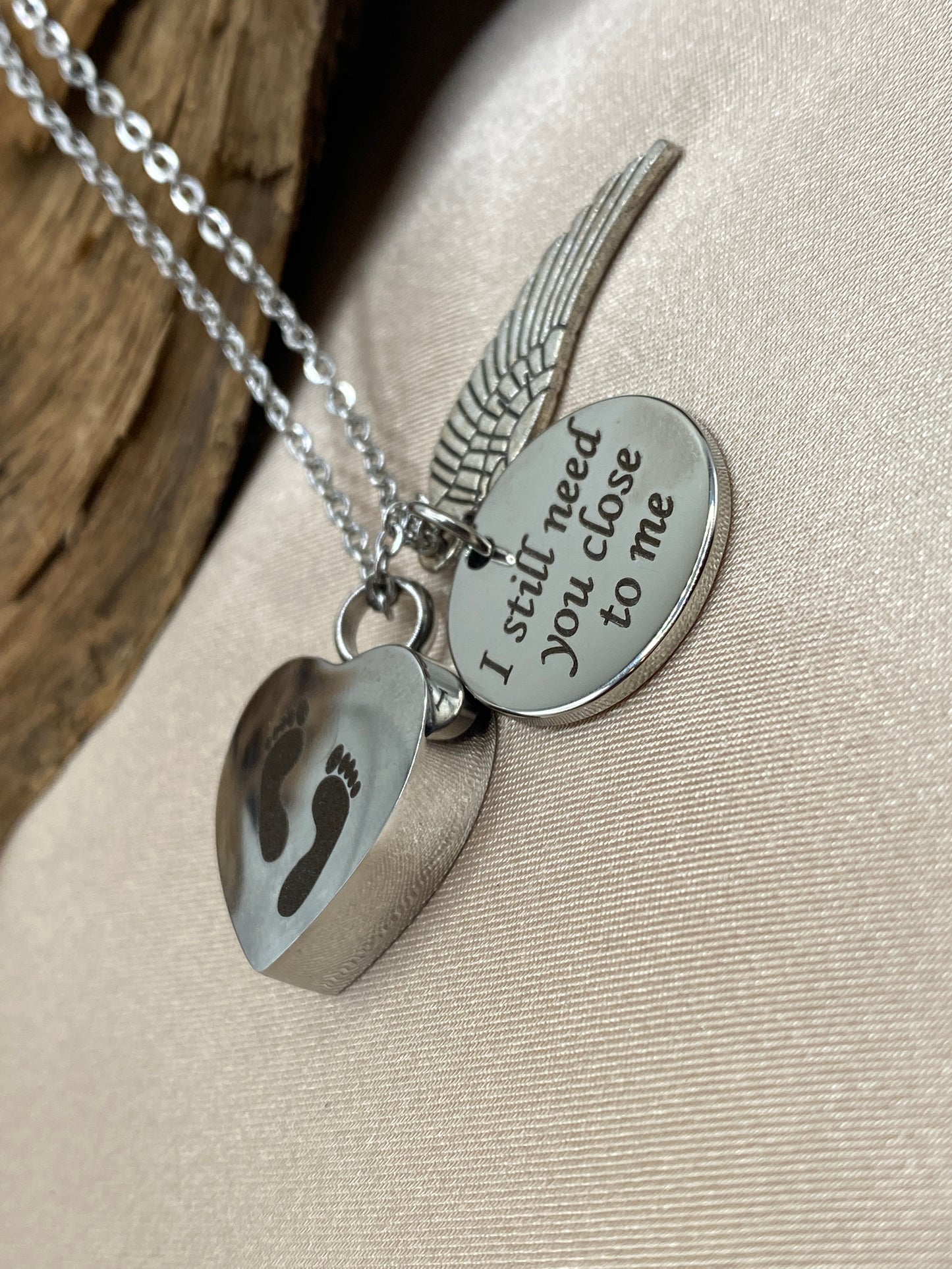 Heart Cremation Urn Necklace – Baby Feet, Angel Wing, & Inspirational Charm