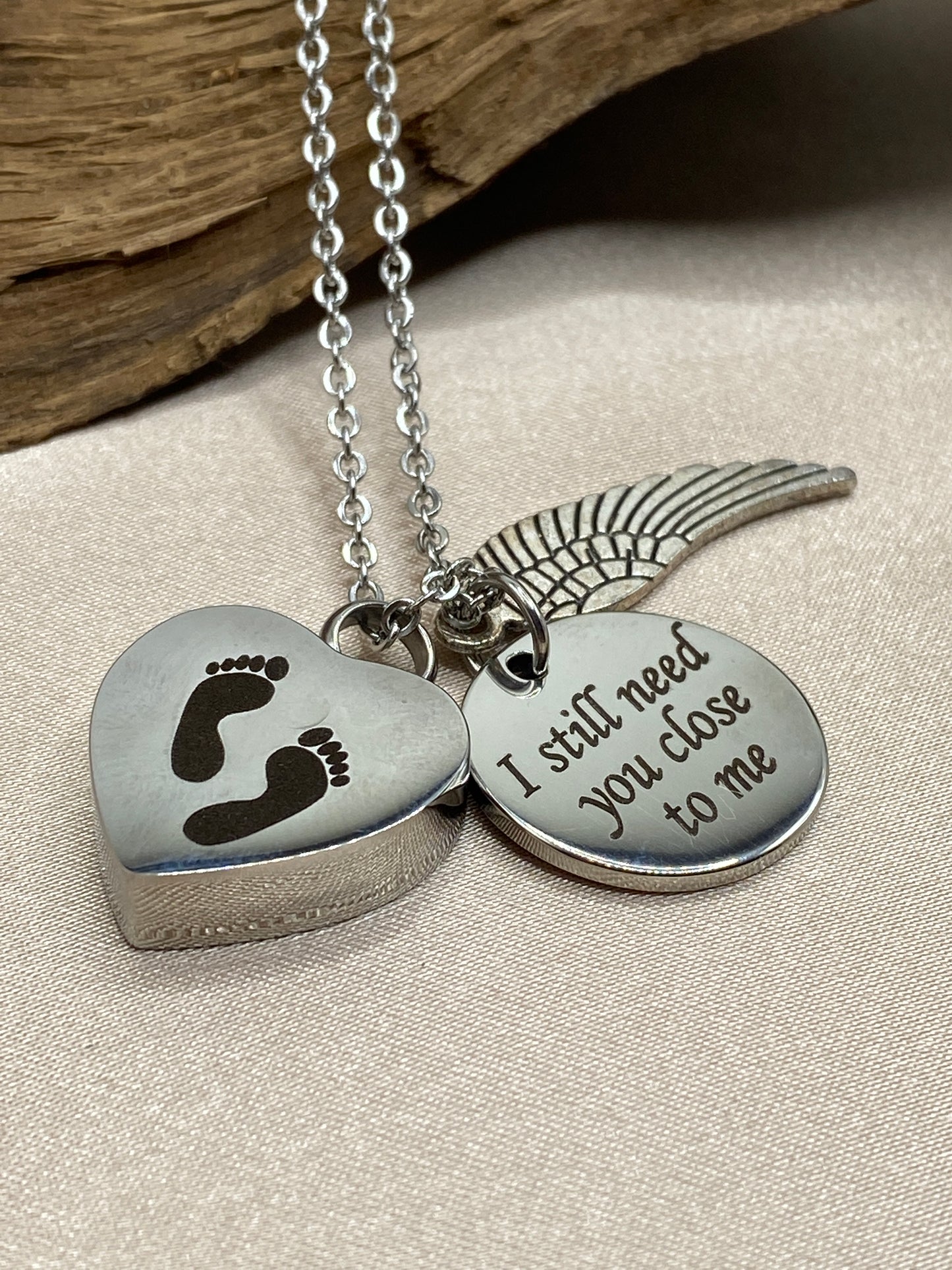 Heart Cremation Urn Necklace – Baby Feet, Angel Wing, & Inspirational Charm