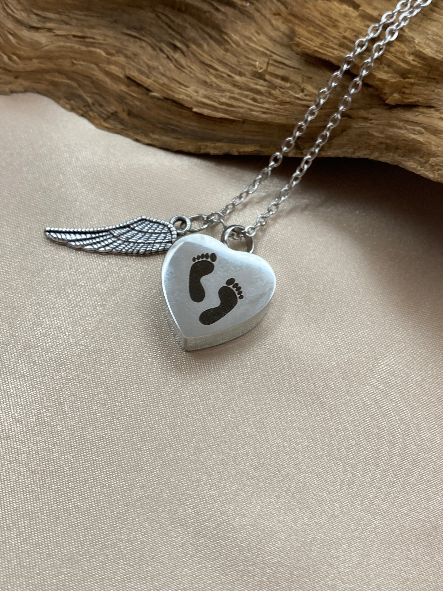 Heart Baby Feet Cremation Necklace with Angel Wing Charm – Memorial Urn Jewelry