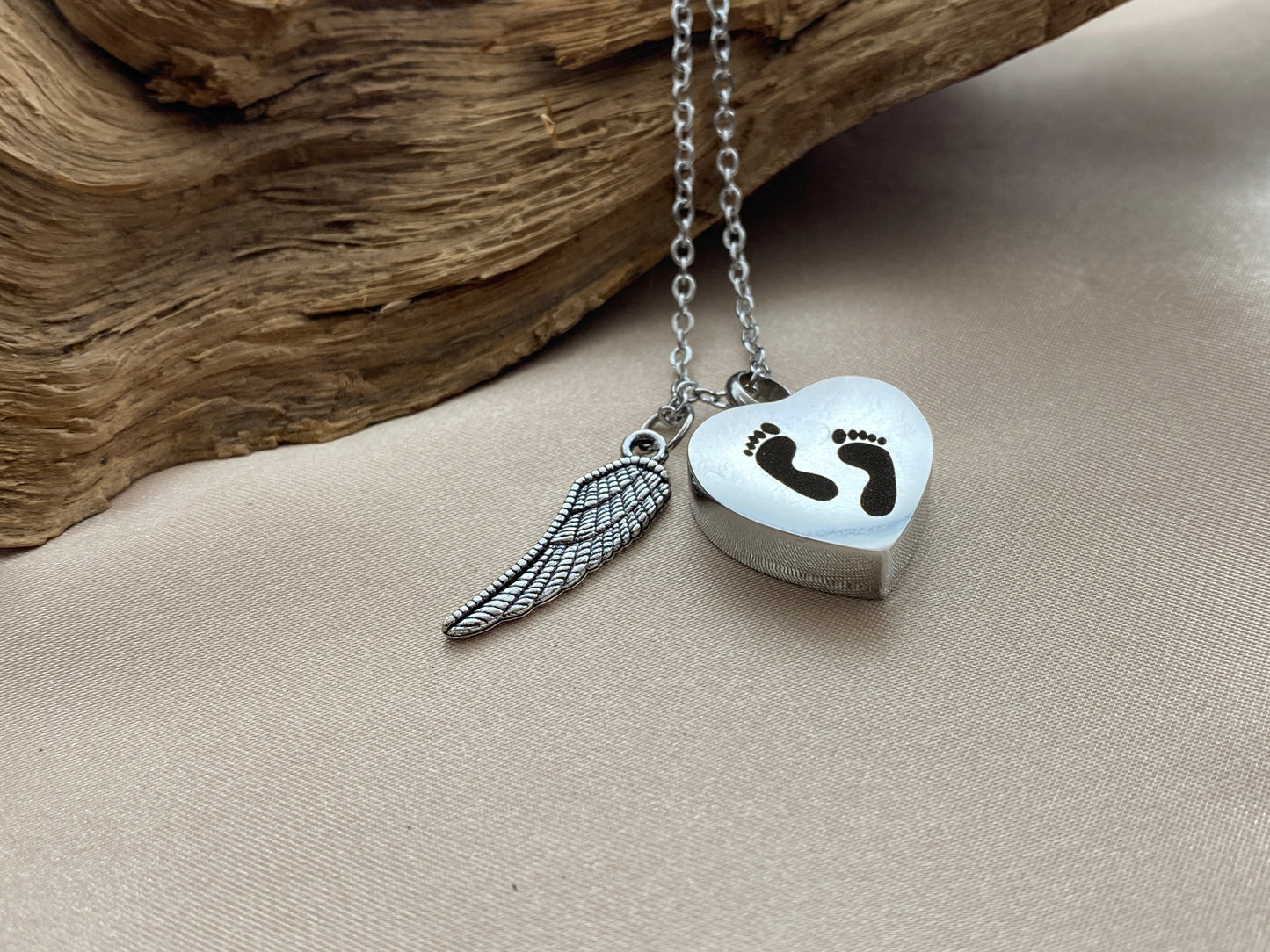 Heart Baby Feet Cremation Necklace with Angel Wing Charm – Memorial Urn Jewelry