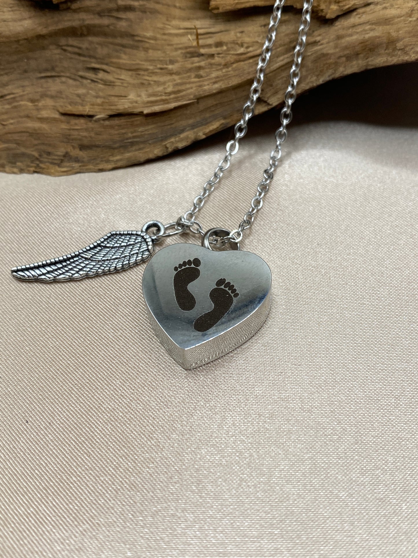Heart Baby Feet Cremation Necklace with Angel Wing Charm – Memorial Urn Jewelry