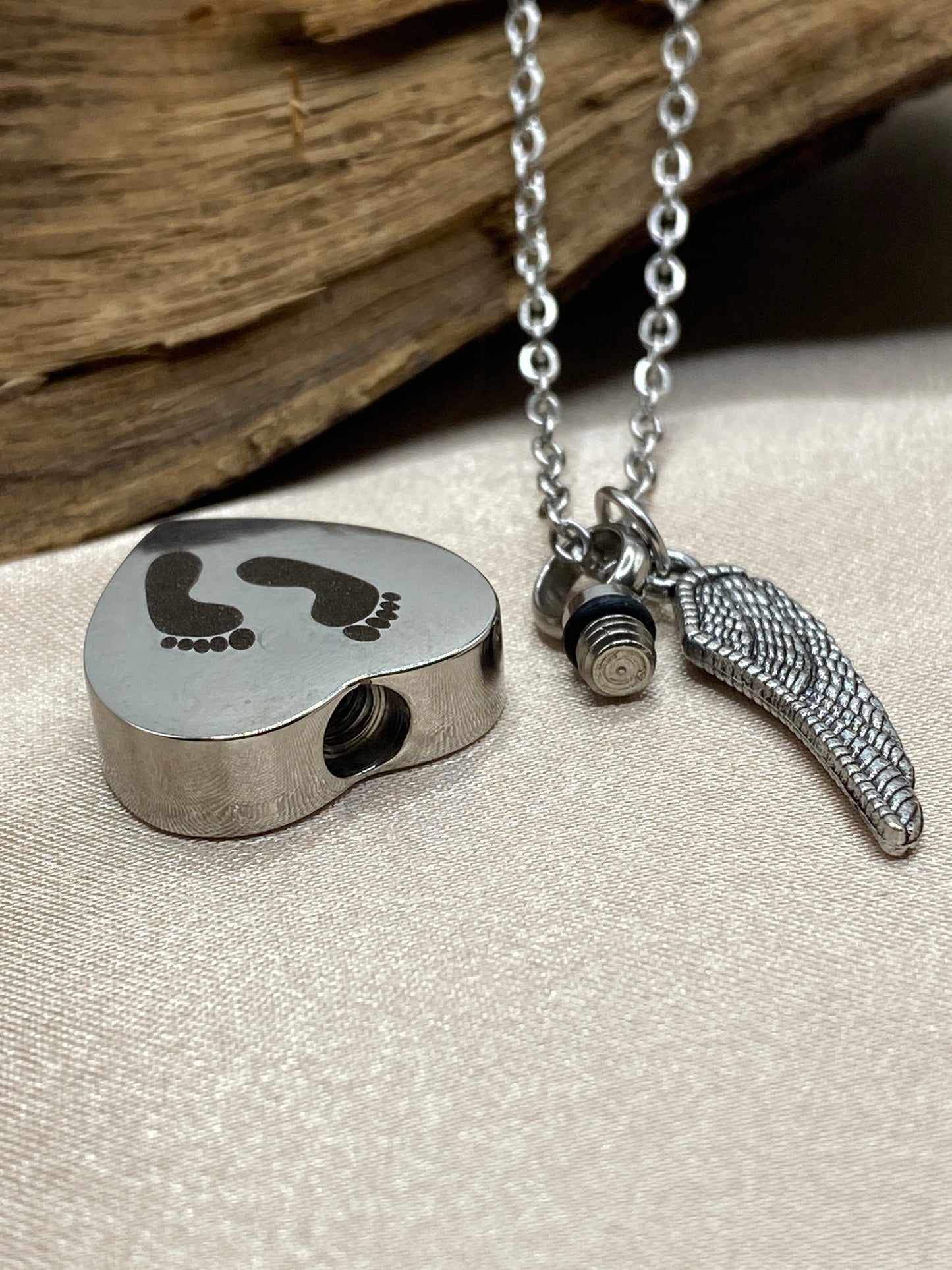 Heart Baby Feet Cremation Necklace with Angel Wing Charm – Memorial Urn Jewelry
