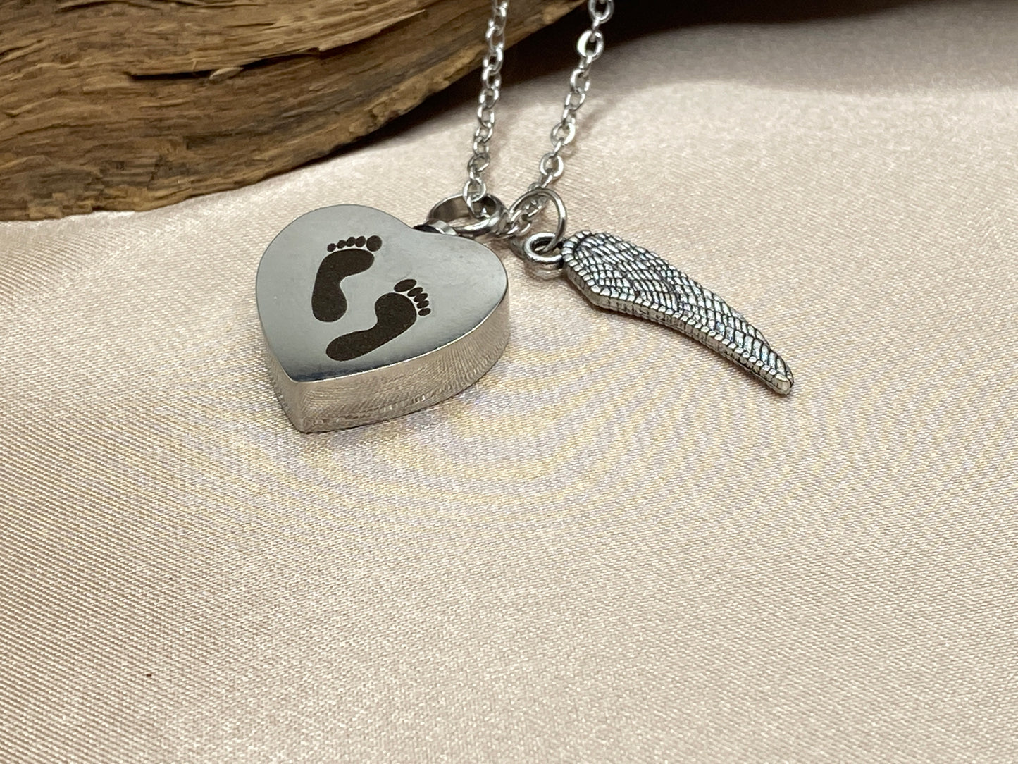 Heart Baby Feet Cremation Necklace with Angel Wing Charm – Memorial Urn Jewelry