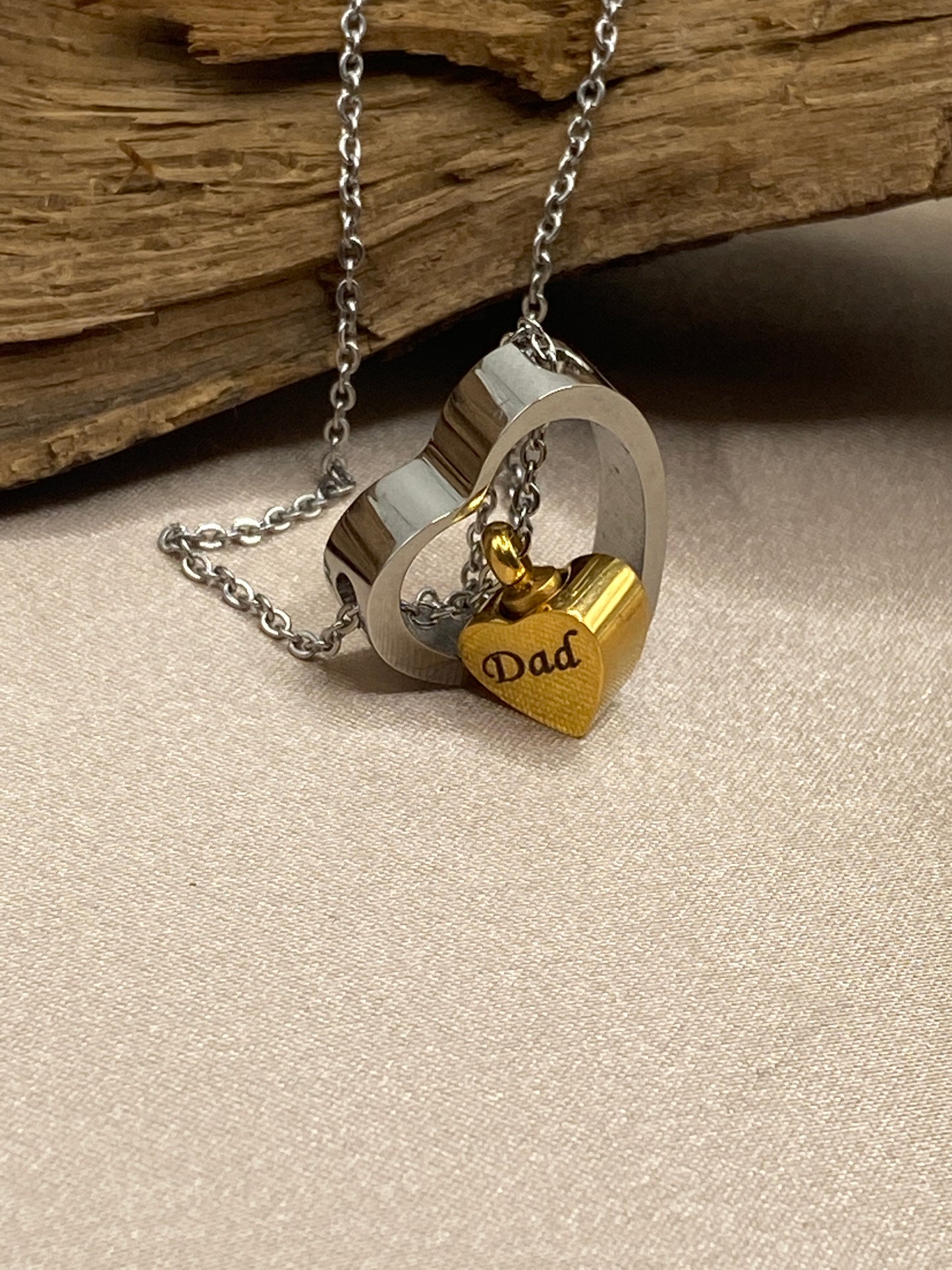 Double Heart Urn Necklace for Dad – Silver Gold Memorial Jewelry