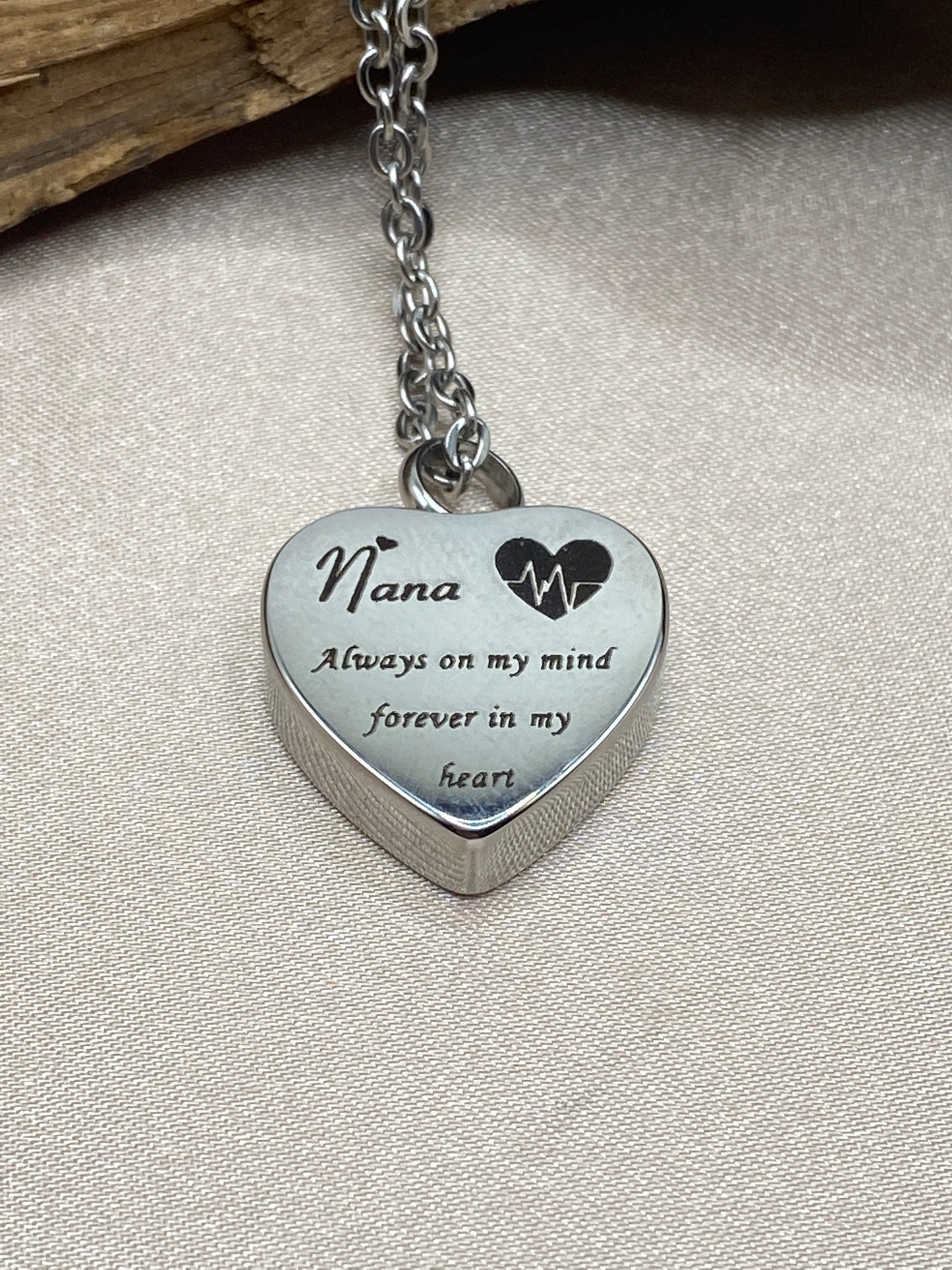 Heart Cremation Necklace - Engraved 'Nana Always in My Heart' - Memorial Jewelry for Grandma