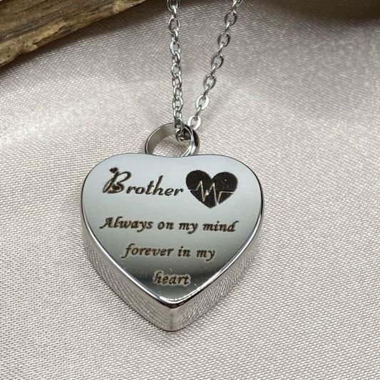 Heart Shaped Cremation Necklace with Brother Charm - Urn Jewelry for Ashes