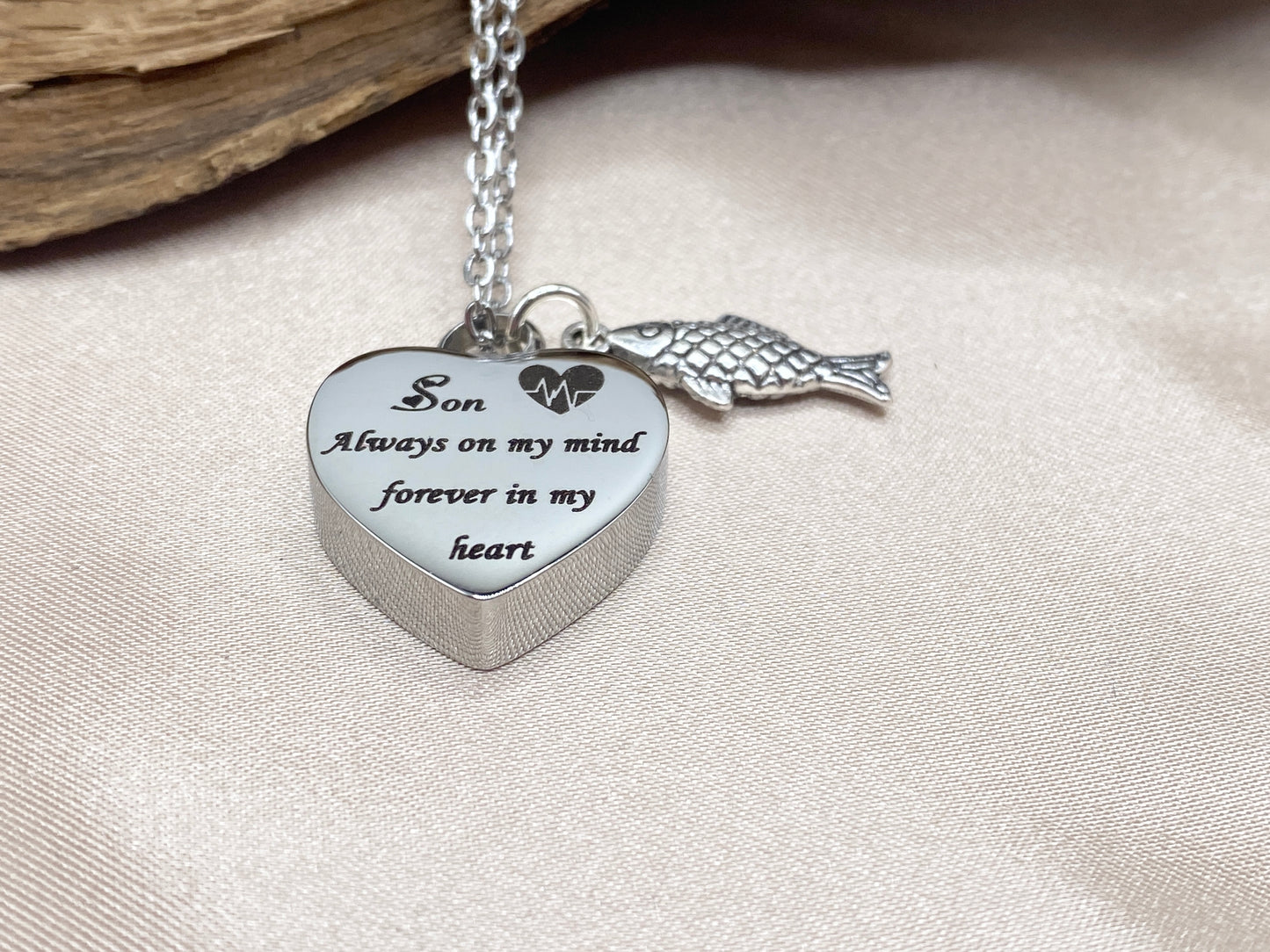 Silver Heart Urn Necklace – 'Son Always on My Mind' Engraved Memorial