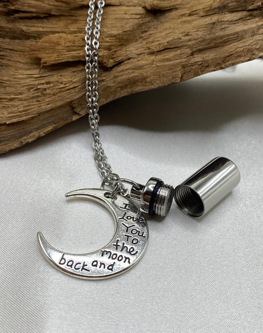 Cremation Necklace – Cylinder Ash Holder with Moon Charm Memorial Jewelry