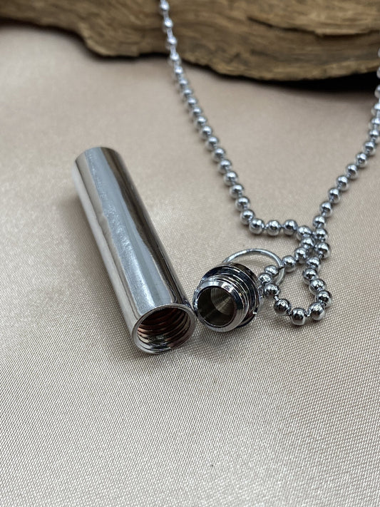 Plain Silver Cylinder Urn Necklace with Ball Chain - Stainless Steel Memorial Jewelry - Engravable to Hold Human Ashes or Pet Ashes