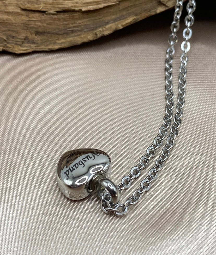 Small Silver Heart Cremation Necklace – Engraved "Husband" Memorial Jewelry