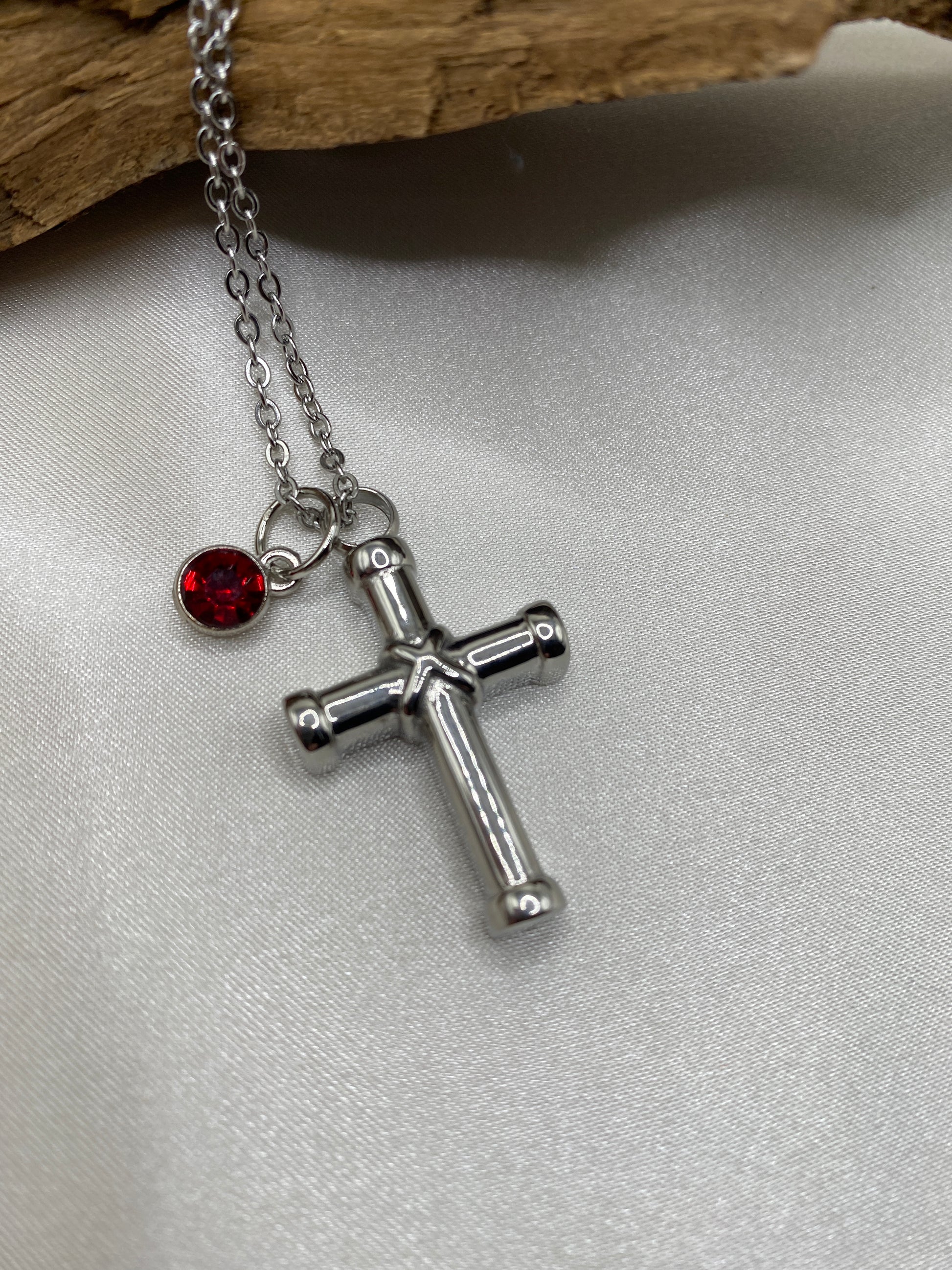 cremation cross necklace for ashes with red rose Stone
