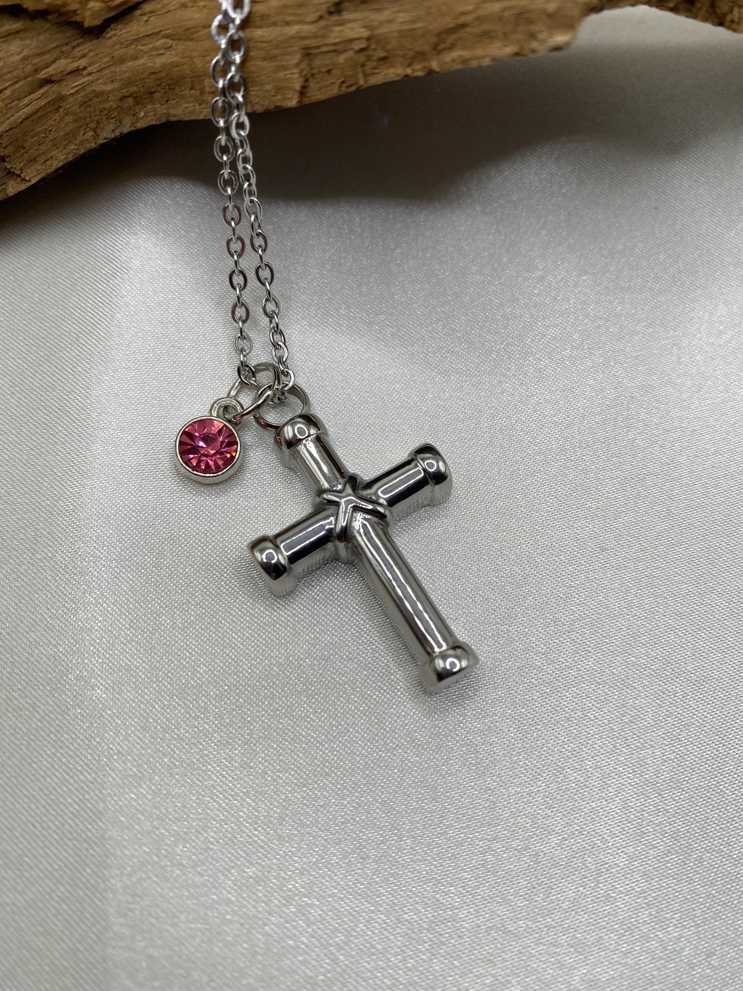 Classic Cross Urn Memorial Necklace with Birth Stone - Personalized Keepsake for Human Ashes, Engravable Stainless Steel Pendant