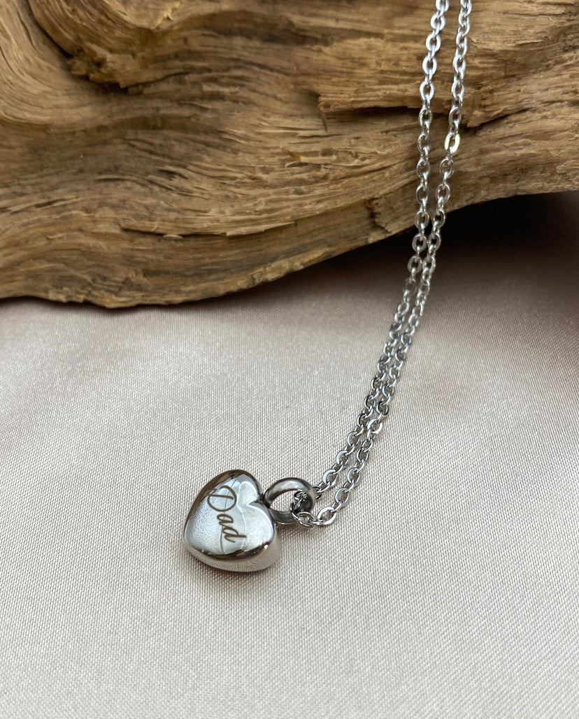 Small Silver Heart Cremation Necklace – Engraved "Dad" Memorial Jewelry