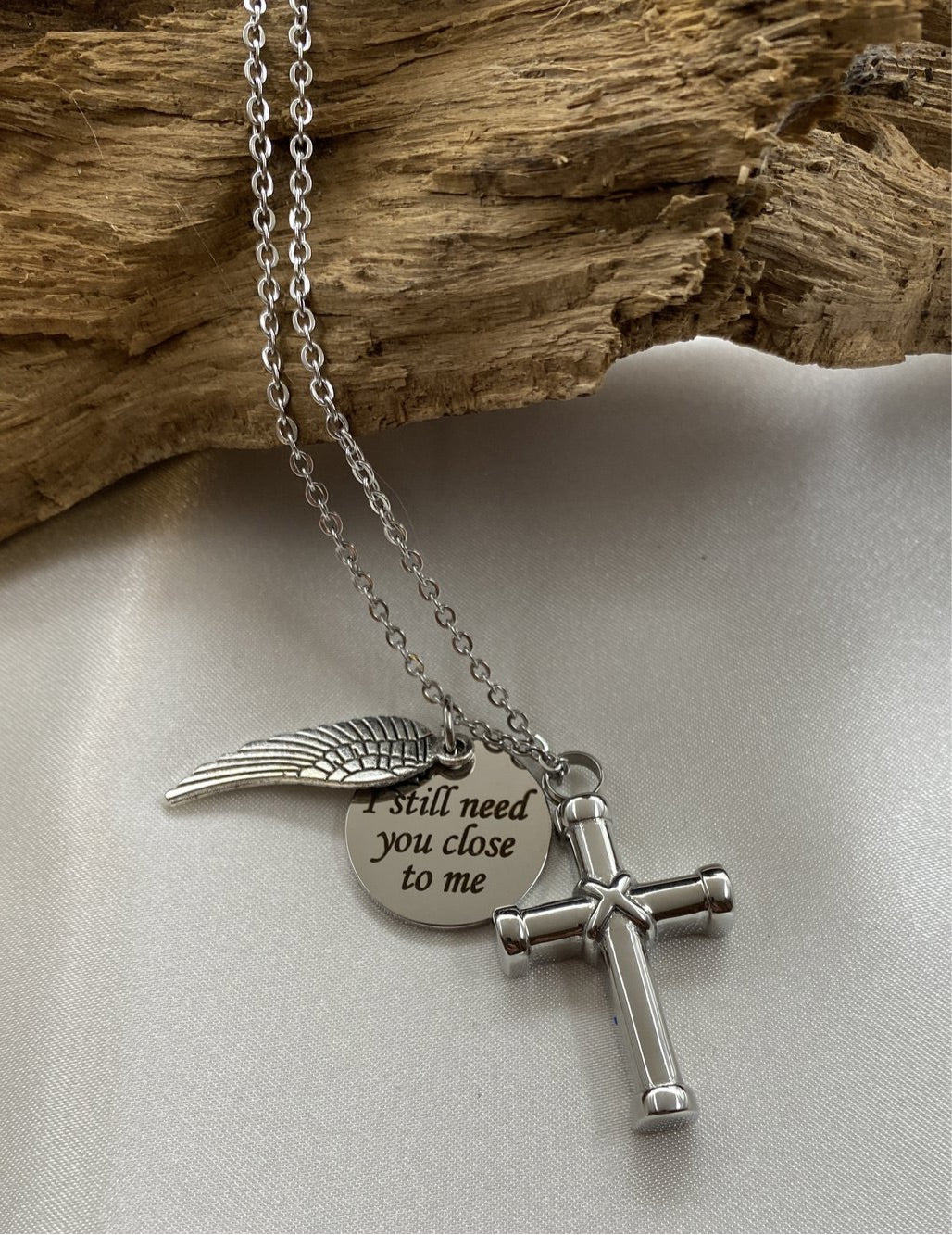 I still need you close to me charm, Angel wing charm and cross