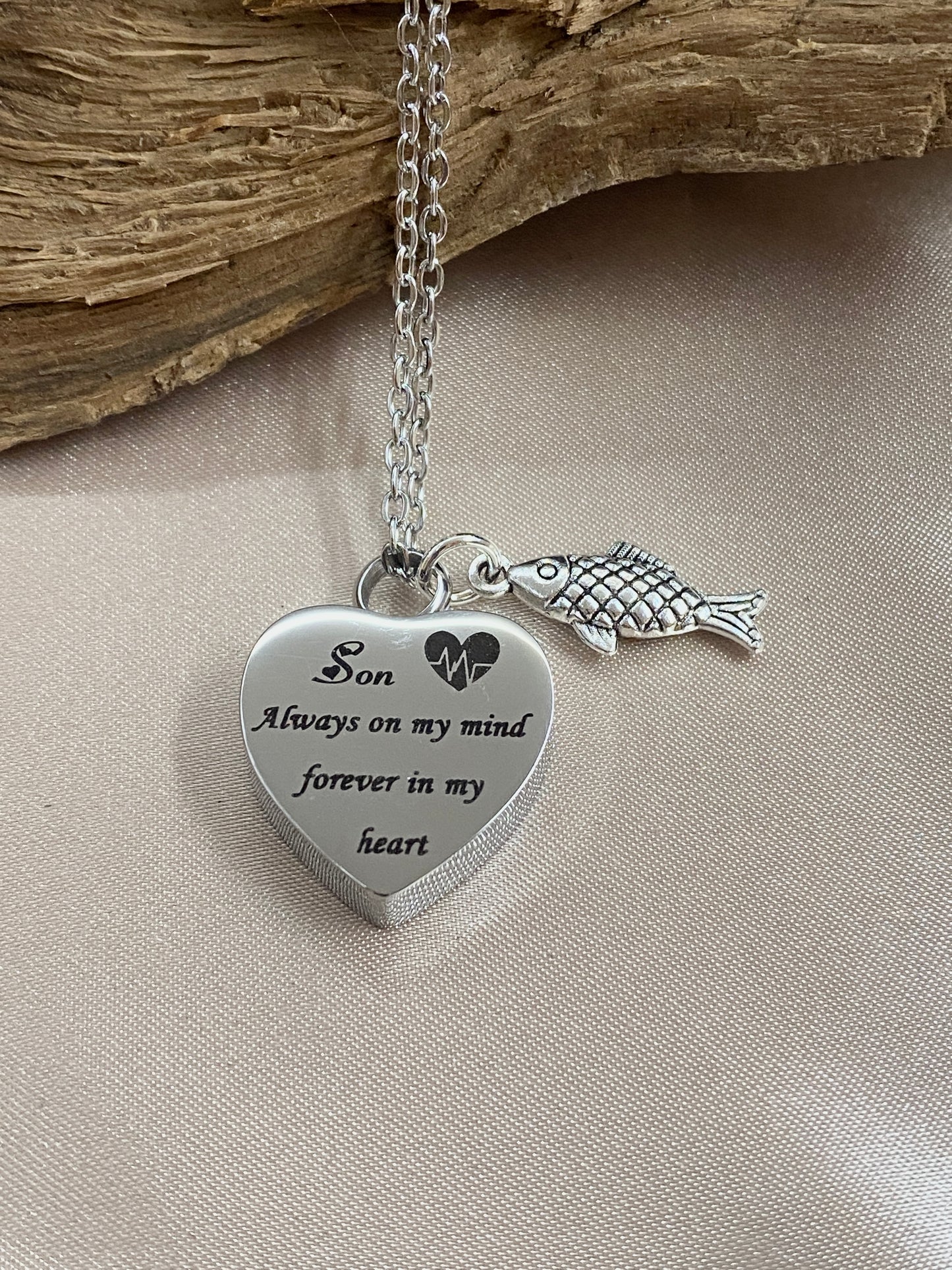 Silver Heart Urn Necklace – 'Son Always on My Mind' Engraved Memorial