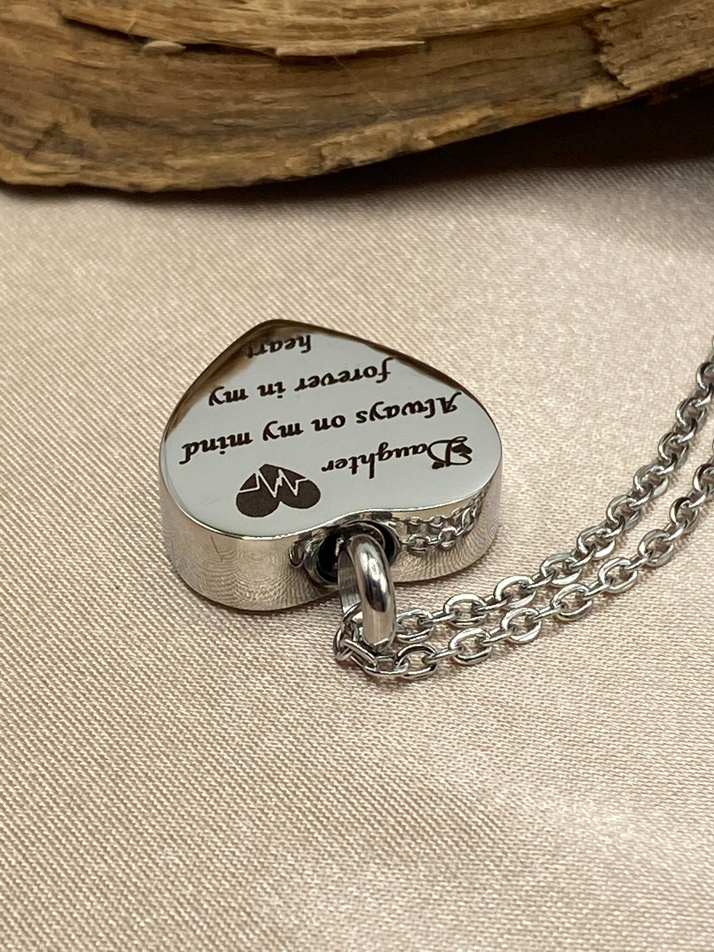 Heart Urn Necklace – 'Daughter Always on My Mind' Engraved Memorial