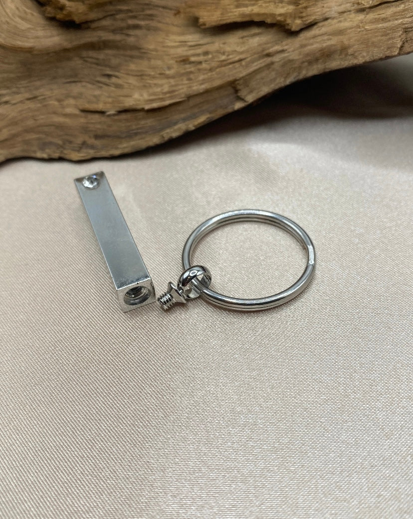 Silver Bar Memorial Cremation Keychain – Stainless Steel Ash Holder with Clear Stone