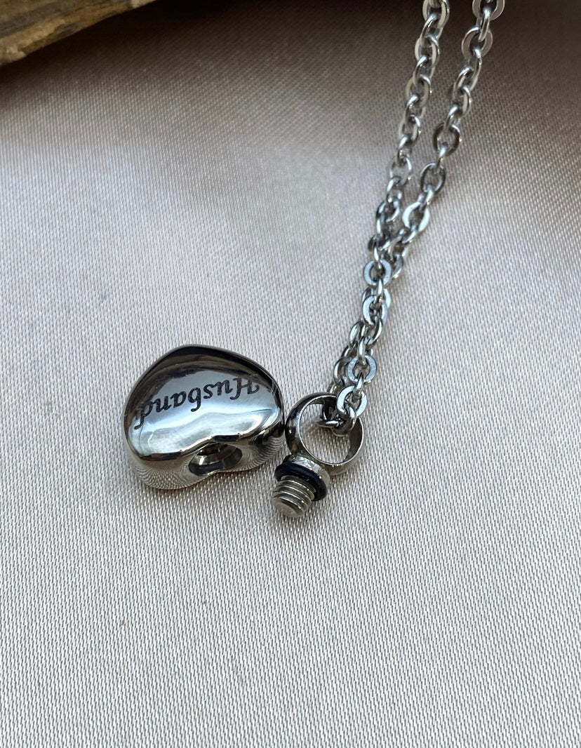 Small Silver Heart Cremation Necklace – Engraved "Husband" Memorial Jewelry