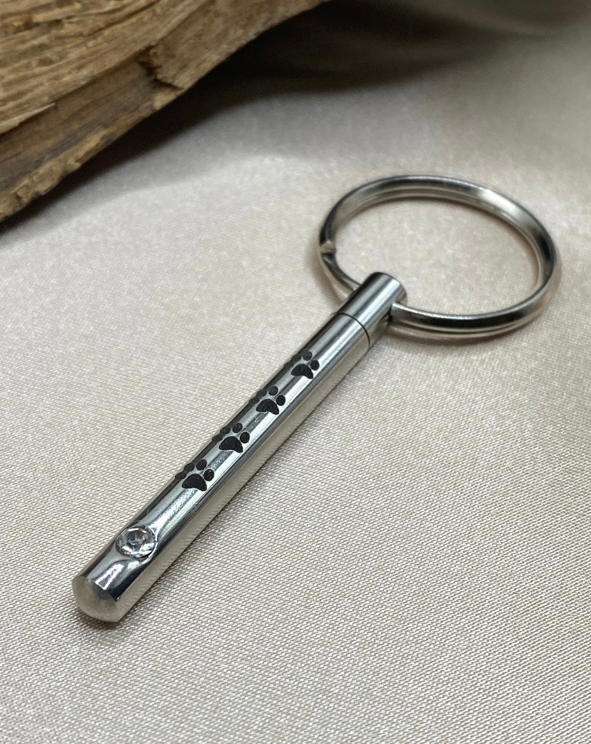 Paw Prints Forever Cylinder Urn Keychain – Cremation Jewelry for Pet Ashes