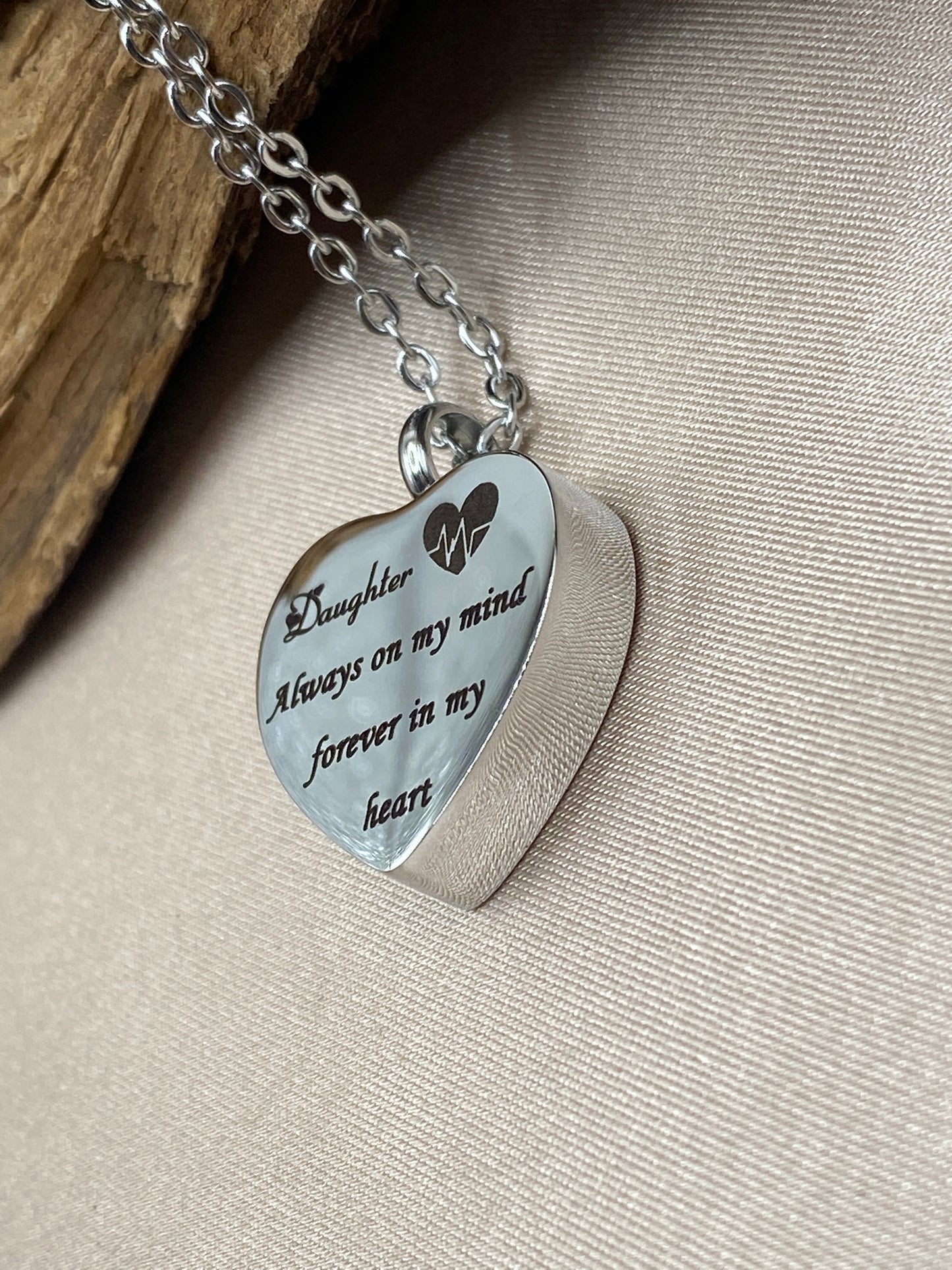 Heart Urn Necklace – 'Daughter Always on My Mind' Engraved Memorial