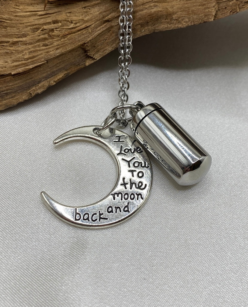 Personalized cremation necklace, Memorial urn jewelry cremation necklace, cylinder with moon charm, cremate jewelry necklace, ash holder