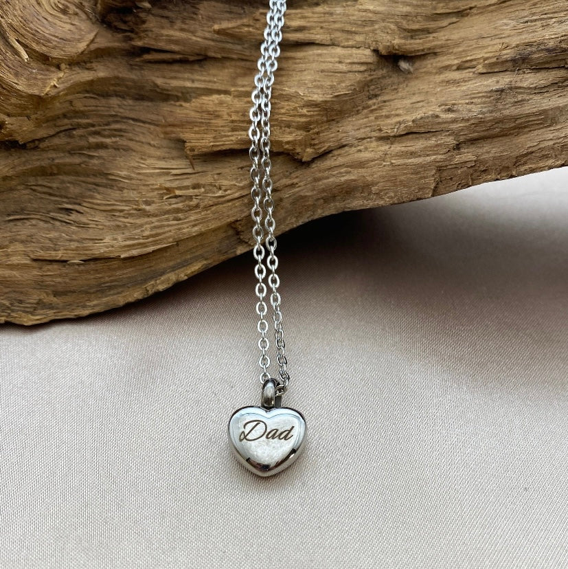 Small Silver Heart Cremation Necklace – Engraved "Dad" Memorial Jewelry