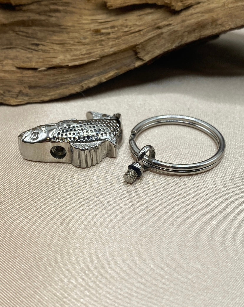 Fish Shaped Cremation Urn Keychain – Engravable Memorial Jewelry for Fishermen