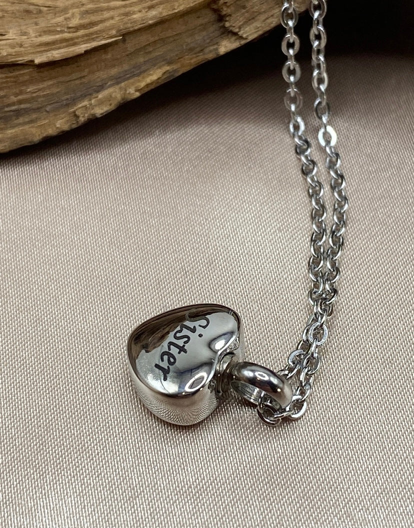 Small Silver Heart Cremation Necklace – Engraved "Sister" Memorial Jewelry
