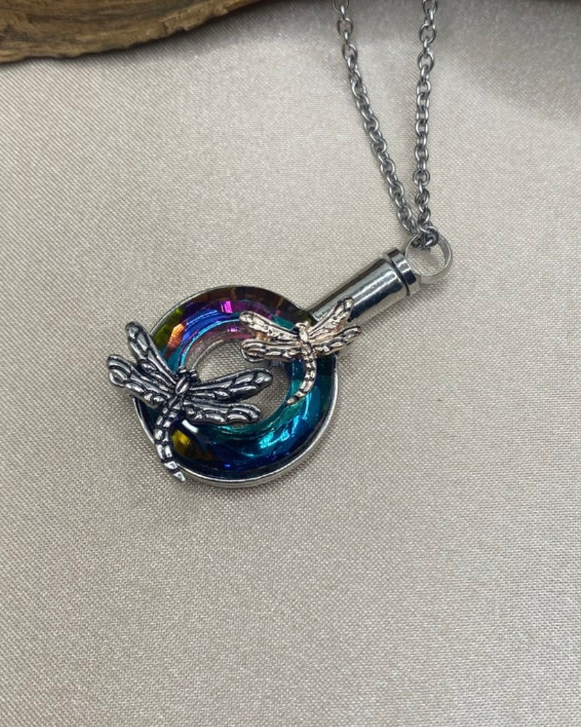 Dragonfly Urn Necklace – Iridescent Memorial Pendant for Ashes