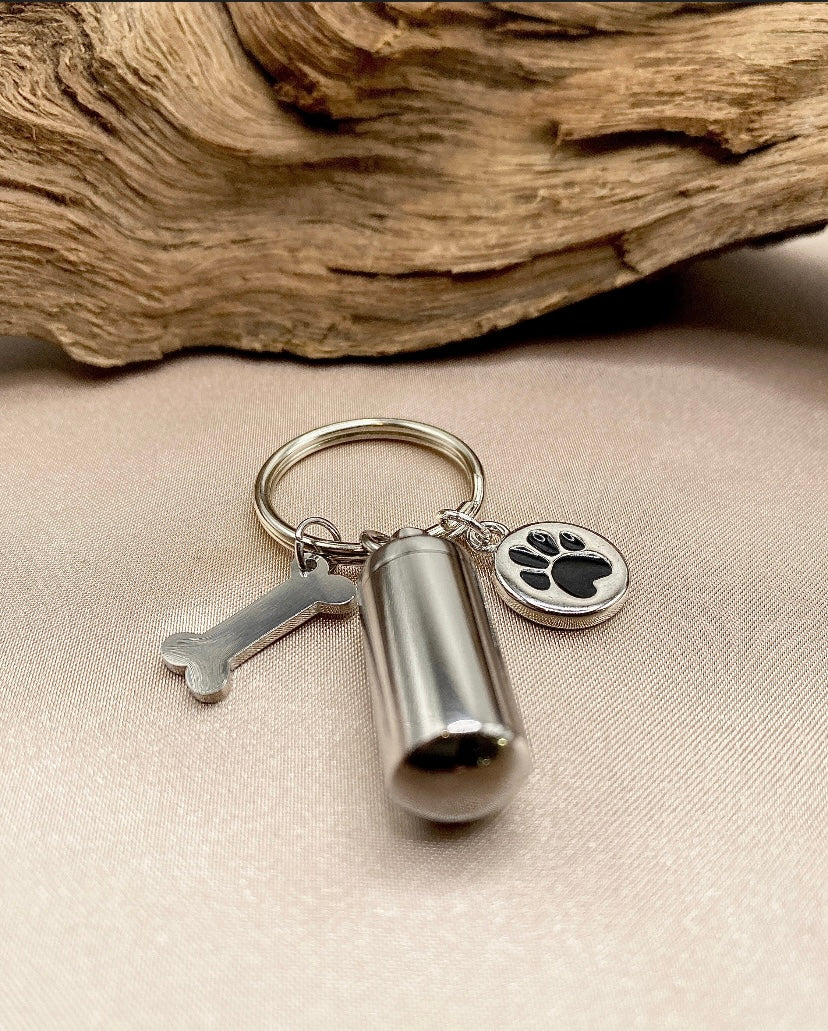 Cherished Pet Memories – Small Cylinder Cremation Keychain with Dog Bone Charm for Ashes