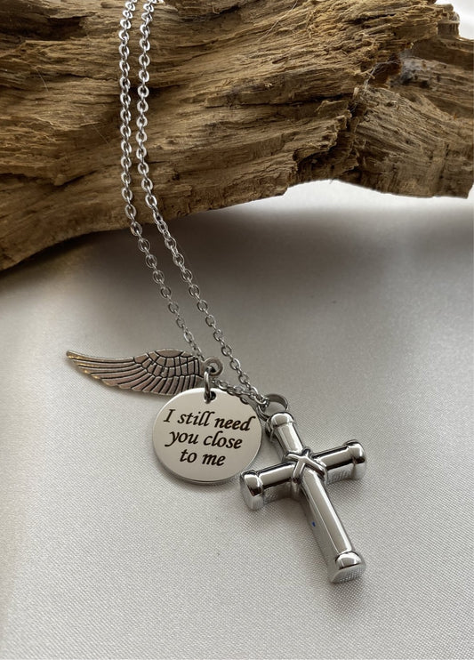 Cremation cross with Angel wing and inspirational charm