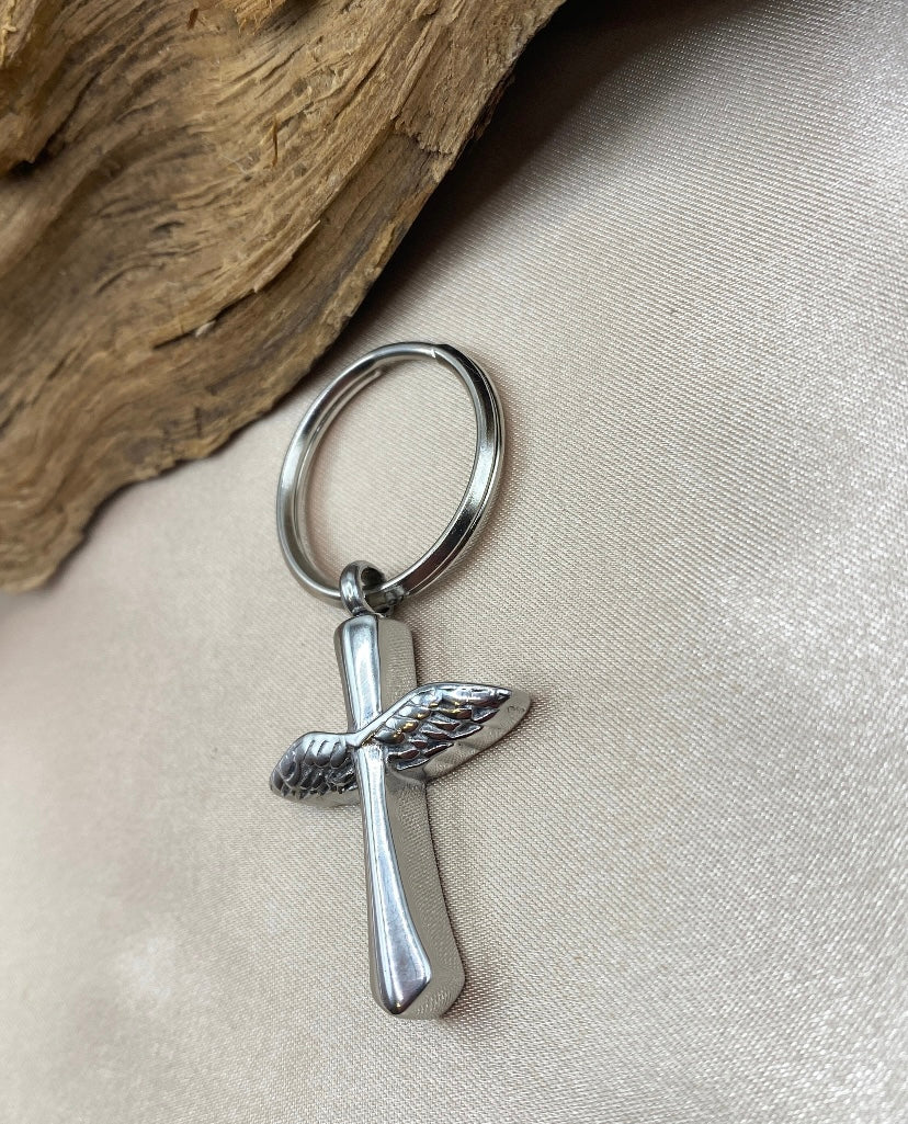 Angel Wings Cross Urn Keychain – Stainless Steel Memorial Keepsake