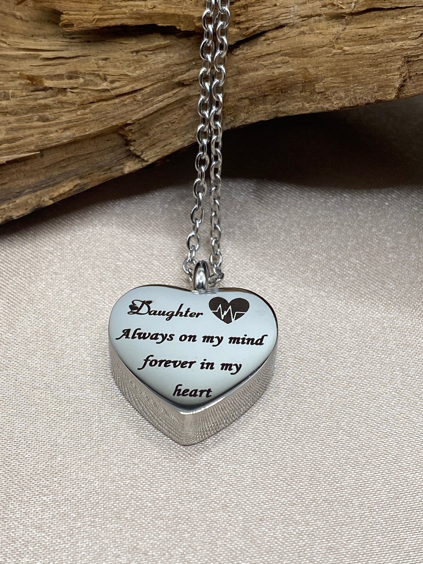 Heart Urn Necklace – 'Daughter Always on My Mind' Engraved Memorial