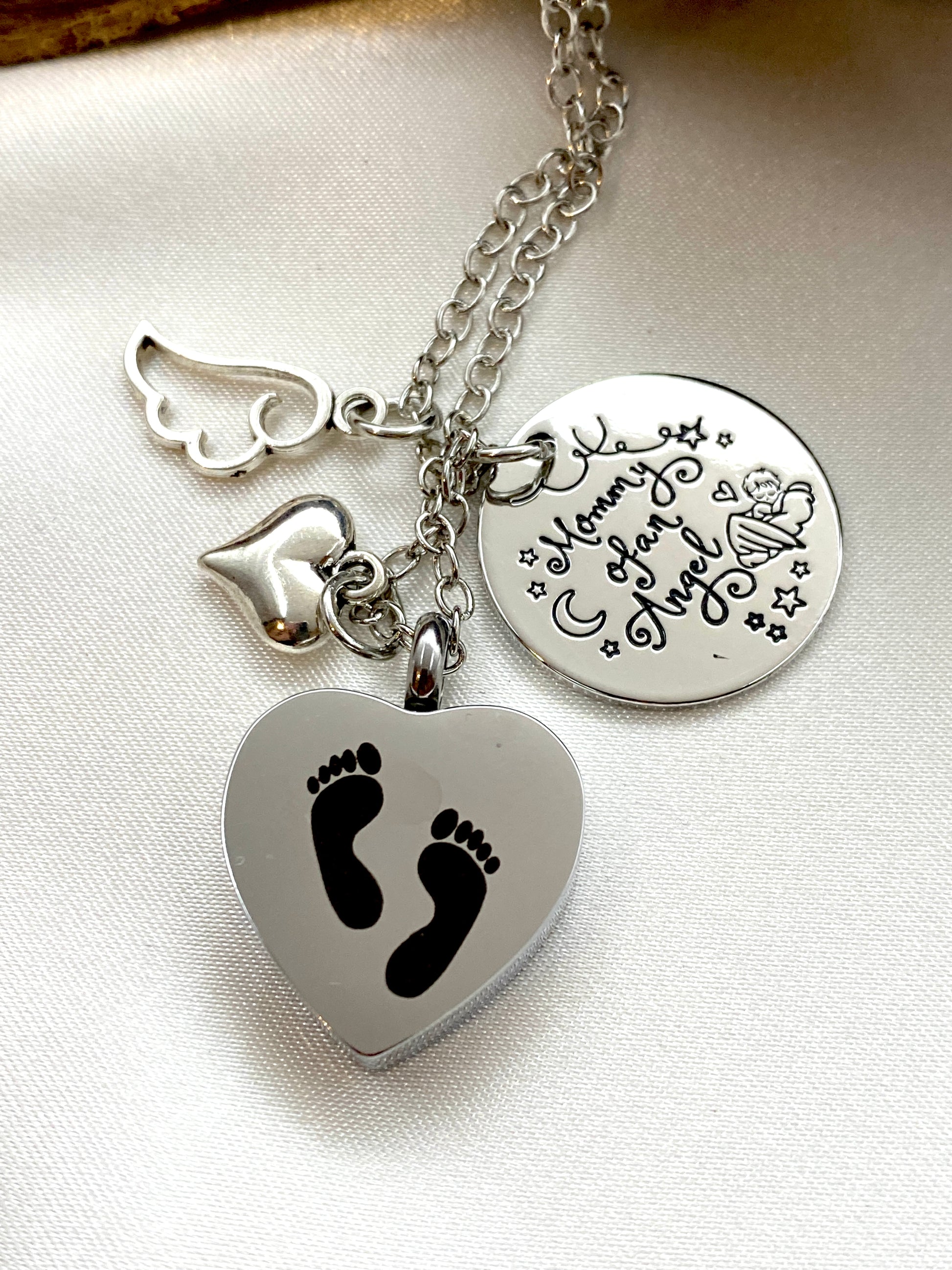 Heart cremation necklace with Mommy of an Angel charm