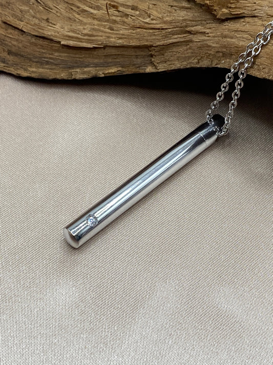 Silver Cylinder Urn Necklace with Clear Stone – Memorial Jewelry