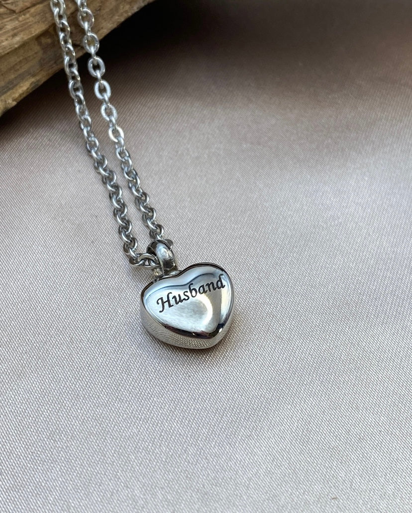 Small Silver Heart Cremation Necklace – Engraved "Husband" Memorial Jewelry