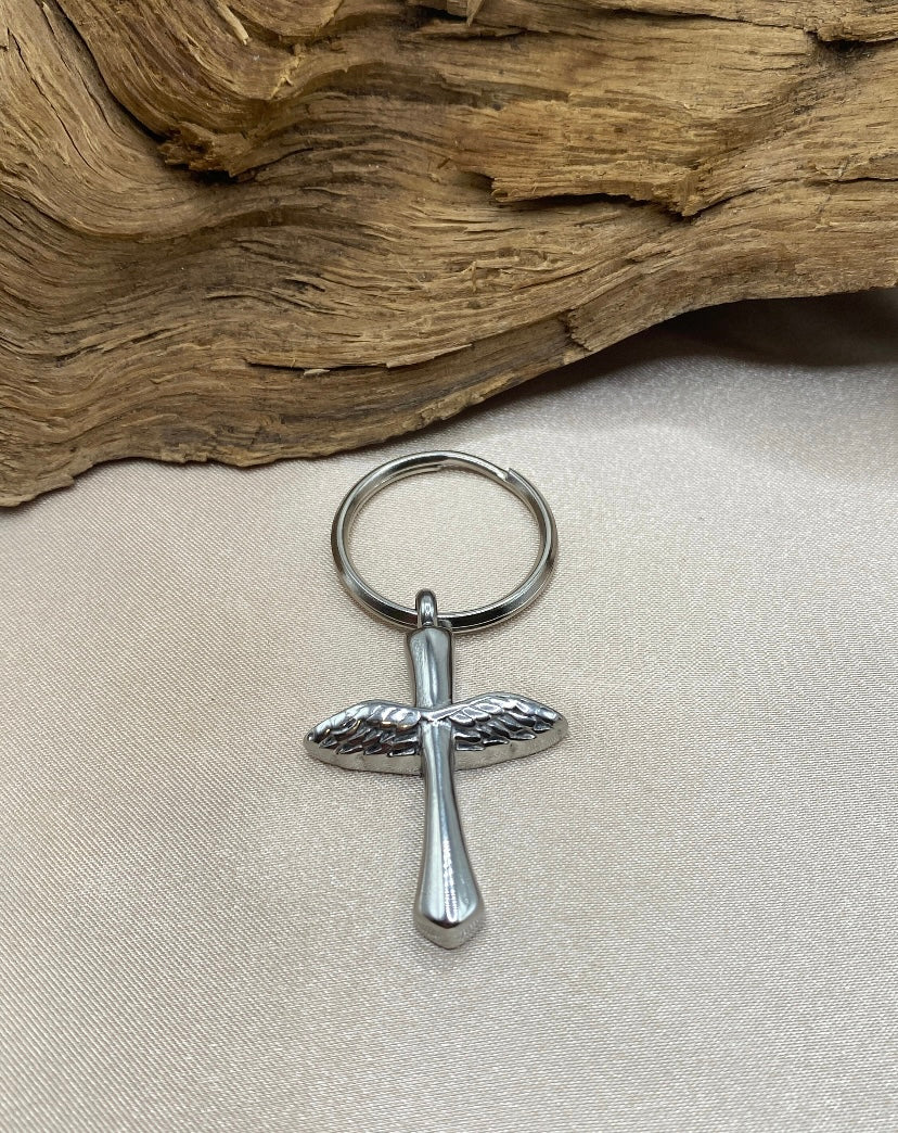 Angel Wings Cross Urn Keychain – Stainless Steel Memorial Keepsake