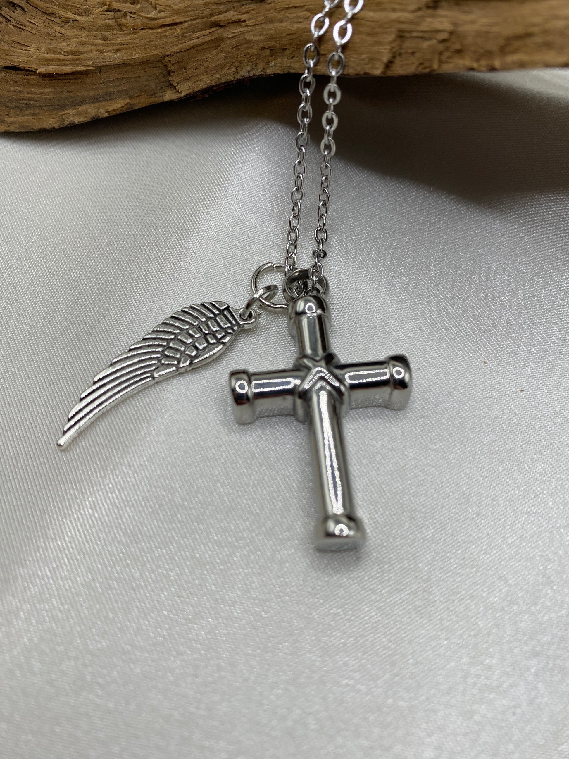 Cremation cross for ashes with Angel wing charm