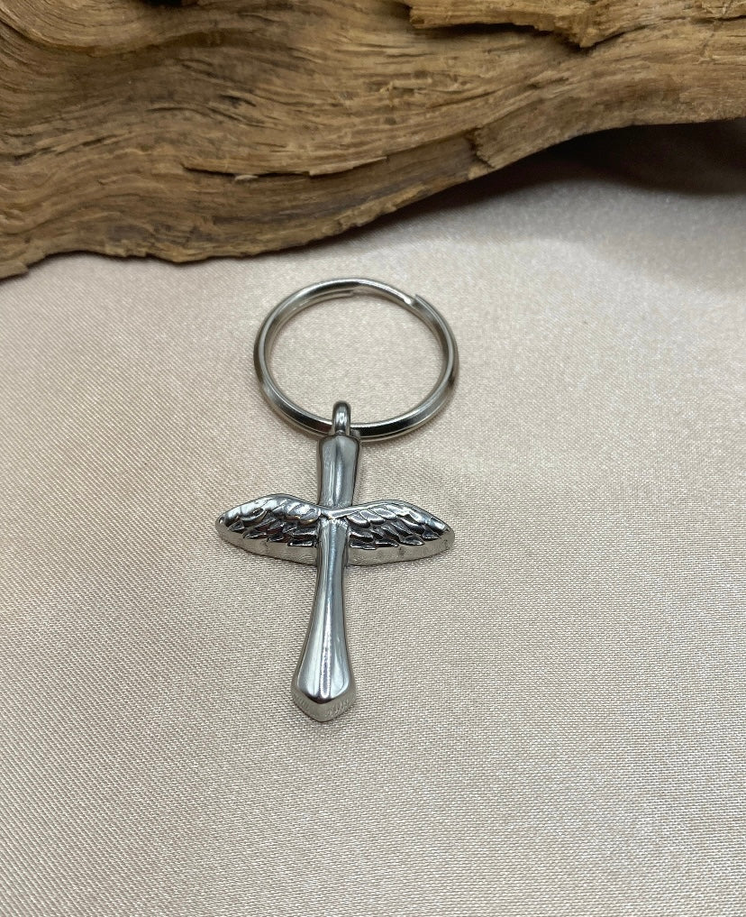 Angel Wings Cross Urn Keychain – Stainless Steel Memorial Keepsake