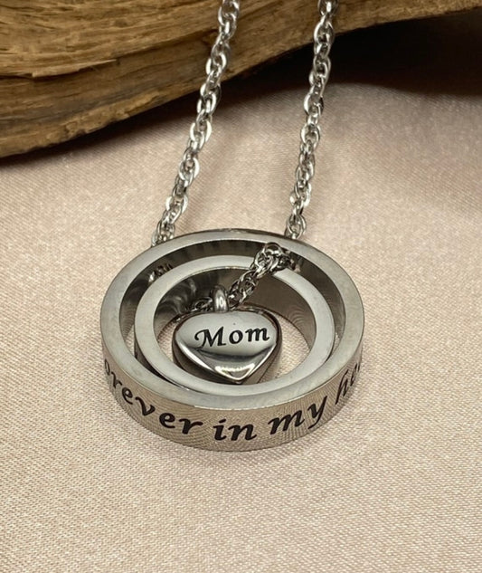 Mom Ashes Necklace – Heart Urn Pendant with 3 Rings Keepsake Jewelry