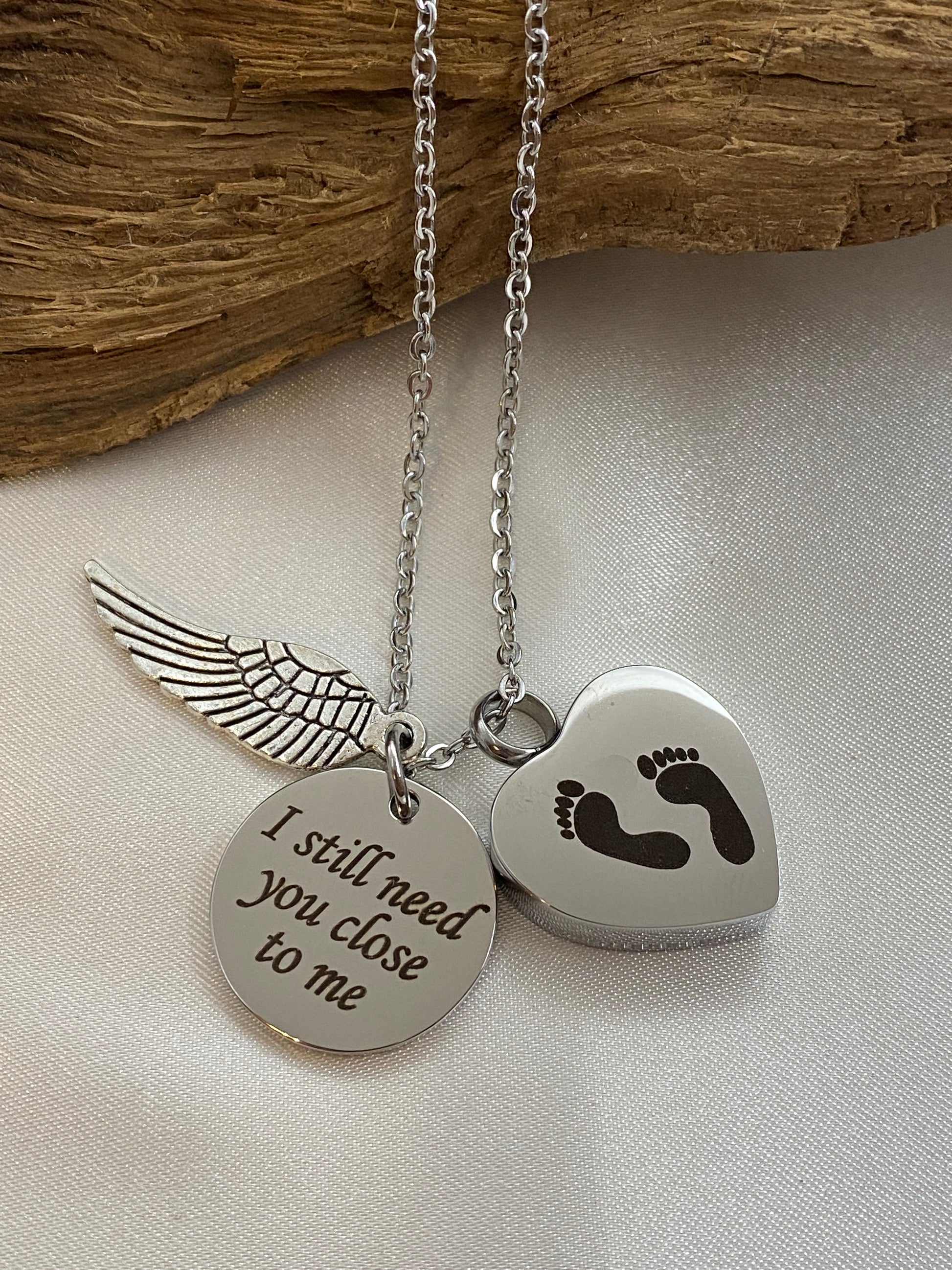 Stainless steel heart cremation necklace with baby feet and charms