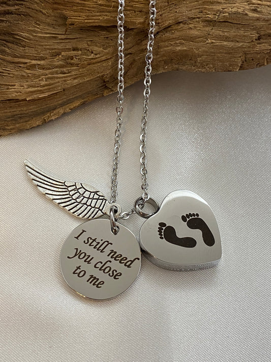 Stainless steel heart cremation necklace with baby feet and charms